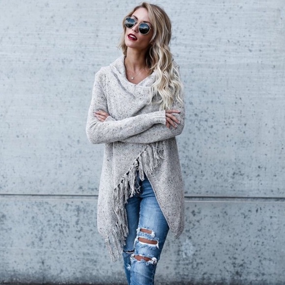 Fringe Trim Wrap Style Marled Cardigan Sweater - Picture 5 of 7